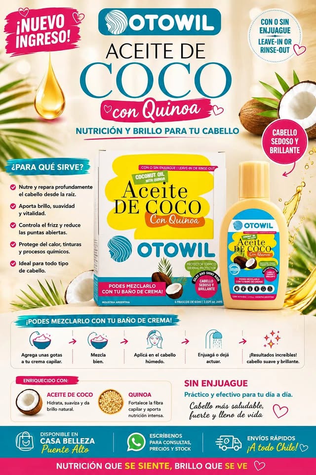 ¡Luce un cabello más saludable, suave y brillante con el Aceite de Coco con Quinoa OTOWIL!