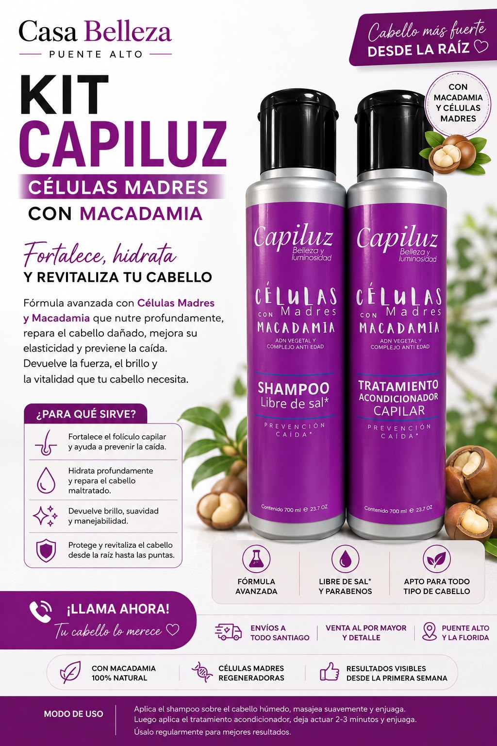 shampoo y acondicionador células madres y macadamia fortalecimiento capilar
