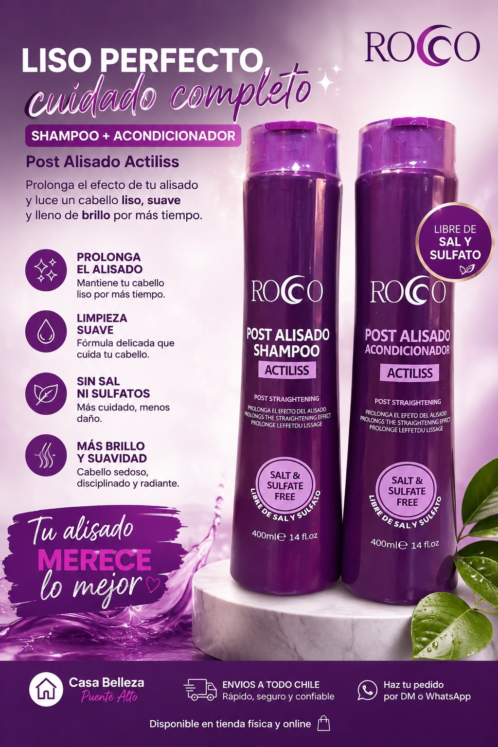 shampoo y acondicionador POST ALISADO Rocco